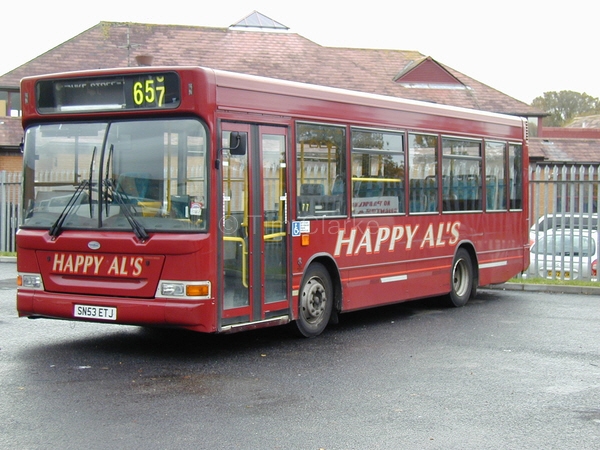 Transbus Dart SN53ETJ in its previous "Happy Al's" livery