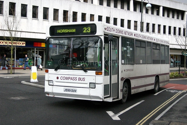 Dennis Dart J599 DUV seen leaving Crawley for Horsham on service 23 in South Downs Network livery in 2004