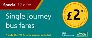 Single journey bus fares capped at £2.00 until 31 March.